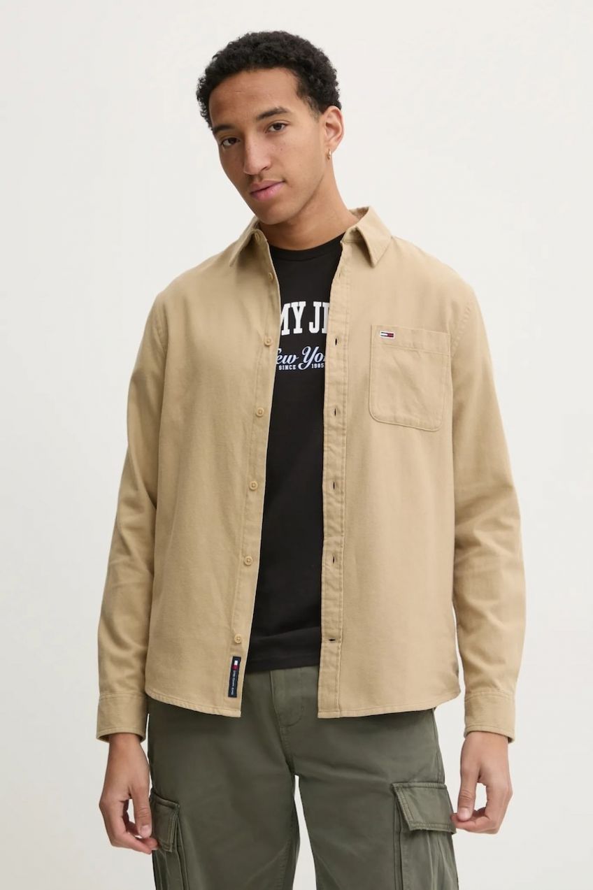 Bavlnená košeľa Tommy Jeans pánska, zelená farba, regular, s klasickým golierom, DM0DM20669