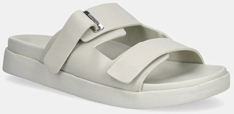 Kožené šľapky Calvin Klein FLAT ADJ SLIDE EYELET dámske, béžová farba, HW0HW02489
