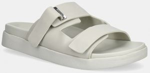 Kožené šľapky Calvin Klein FLAT ADJ SLIDE EYELET dámske, béžová farba, HW0HW02489