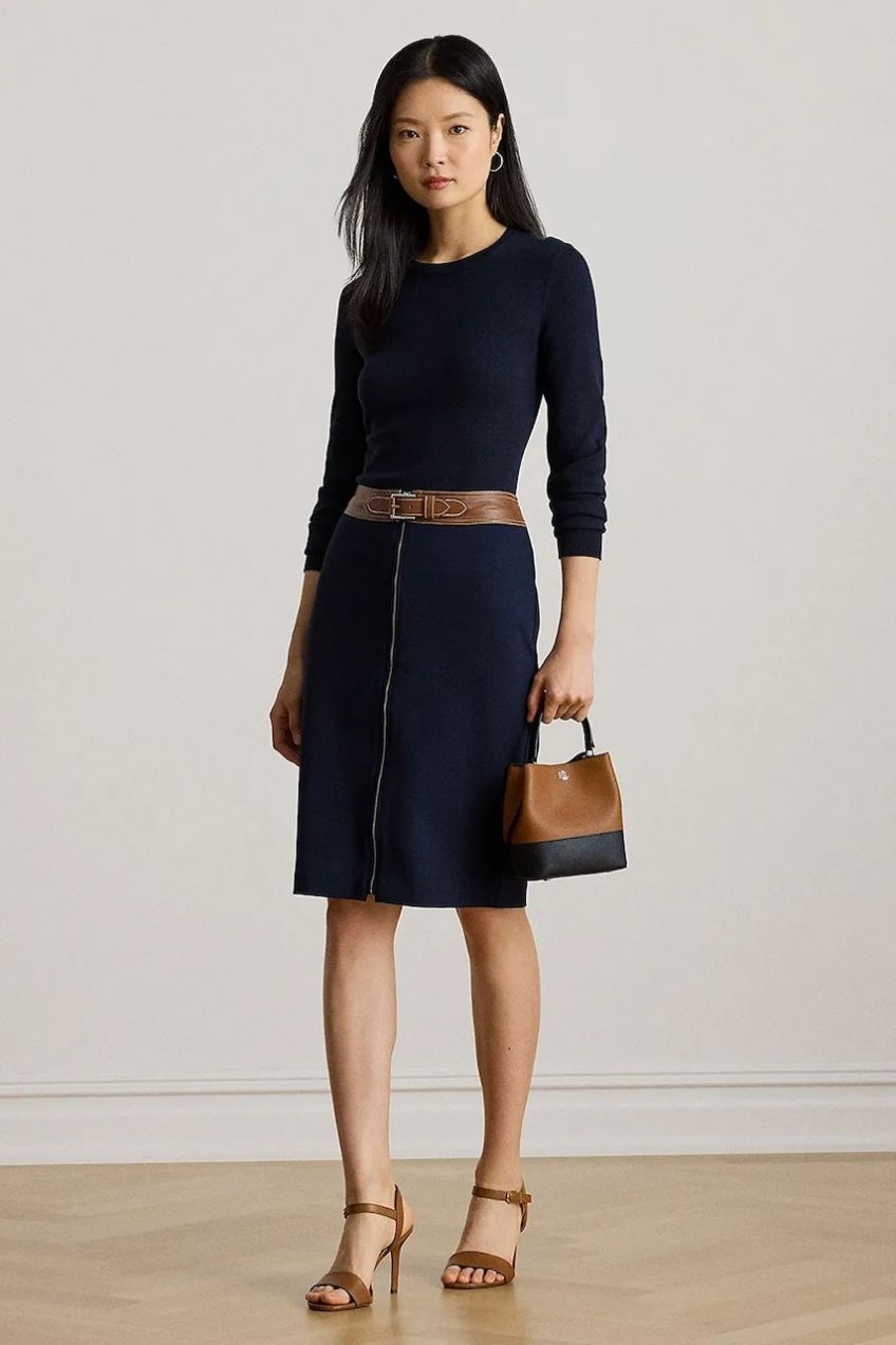 Sukňa Lauren Ralph Lauren tmavomodrá farba, midi, puzdrová, 200980024