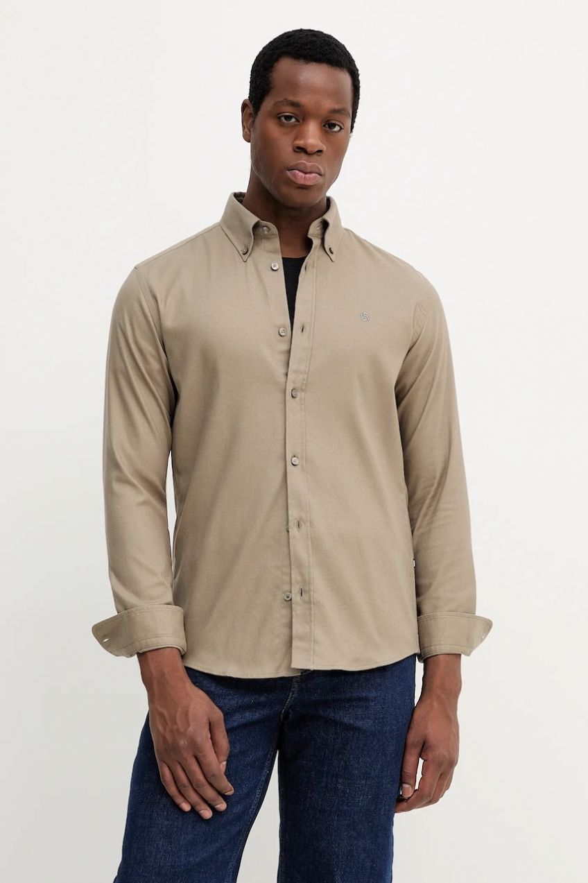 Bavlnená košeľa BOSS zelená farba, slim, s golierom button-down, 50550583