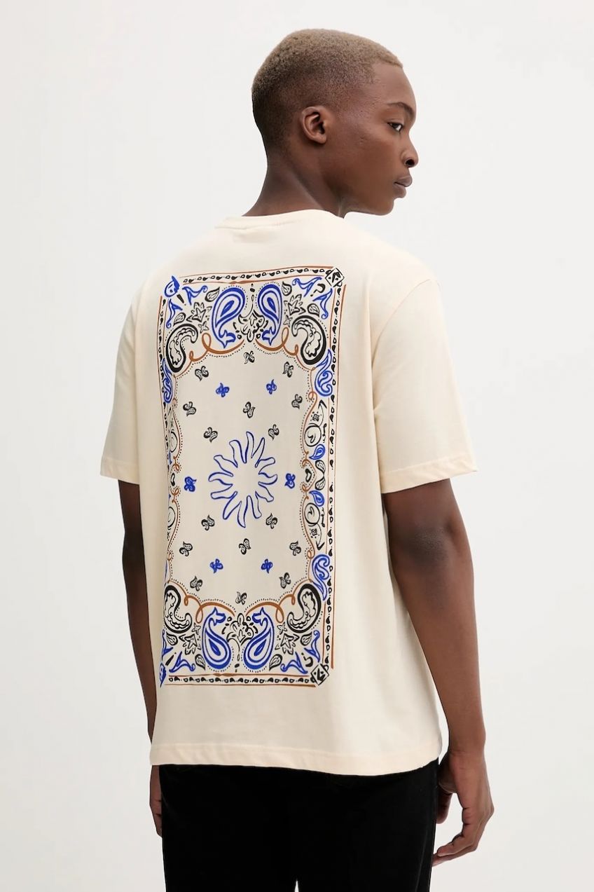 Bavlnené tričko Desigual BACK PANEL PAISLEY pánske, béžová farba, s potlačou, 25WMTK38