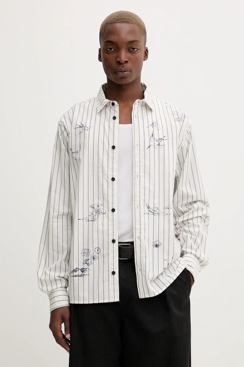 Bavlnená košeľa Desigual STRIPES PRINTED béžová farba, voľný strih, s klasickým golierom, 25WMCW36