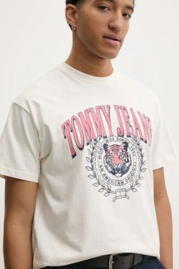 Bavlnené tričko Tommy Jeans pánske, béžová farba, s potlačou, DM0DM21191