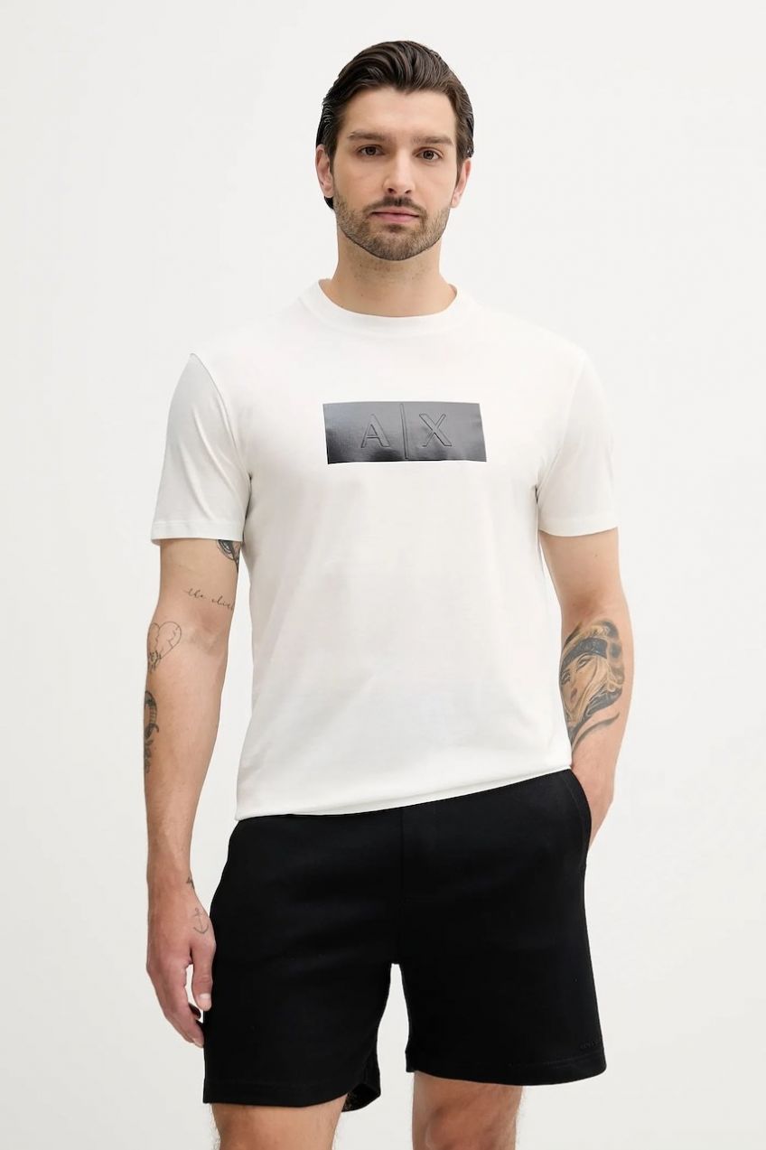 Bavlnené tričko Armani Exchange pánske, béžová farba, s nášivkou, XM000786 AF10364