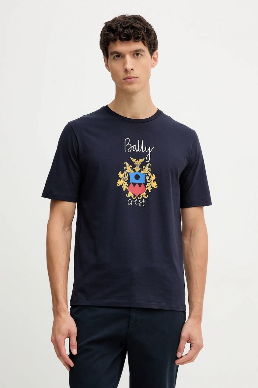 Bavlnené tričko Bally pánske, tmavomodrá farba, s potlačou, MJE0AB