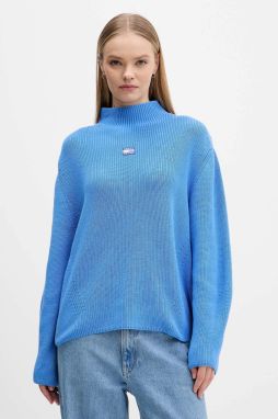 Bavlnený sveter Tommy Jeans modrá farba, s polorolákom, DW0DW21676