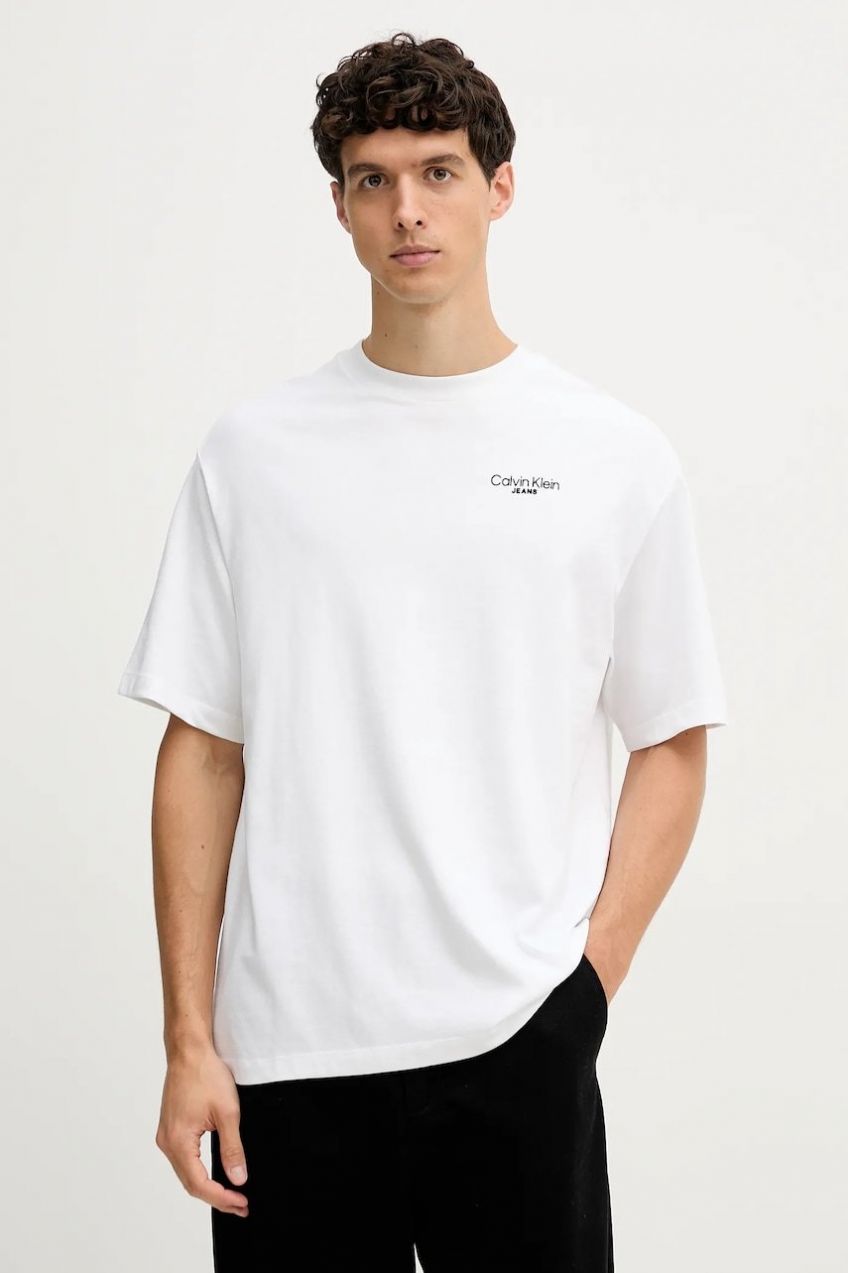 Bavlnené tričko Calvin Klein Jeans pánske, biela farba, s potlačou, LV04RD825G