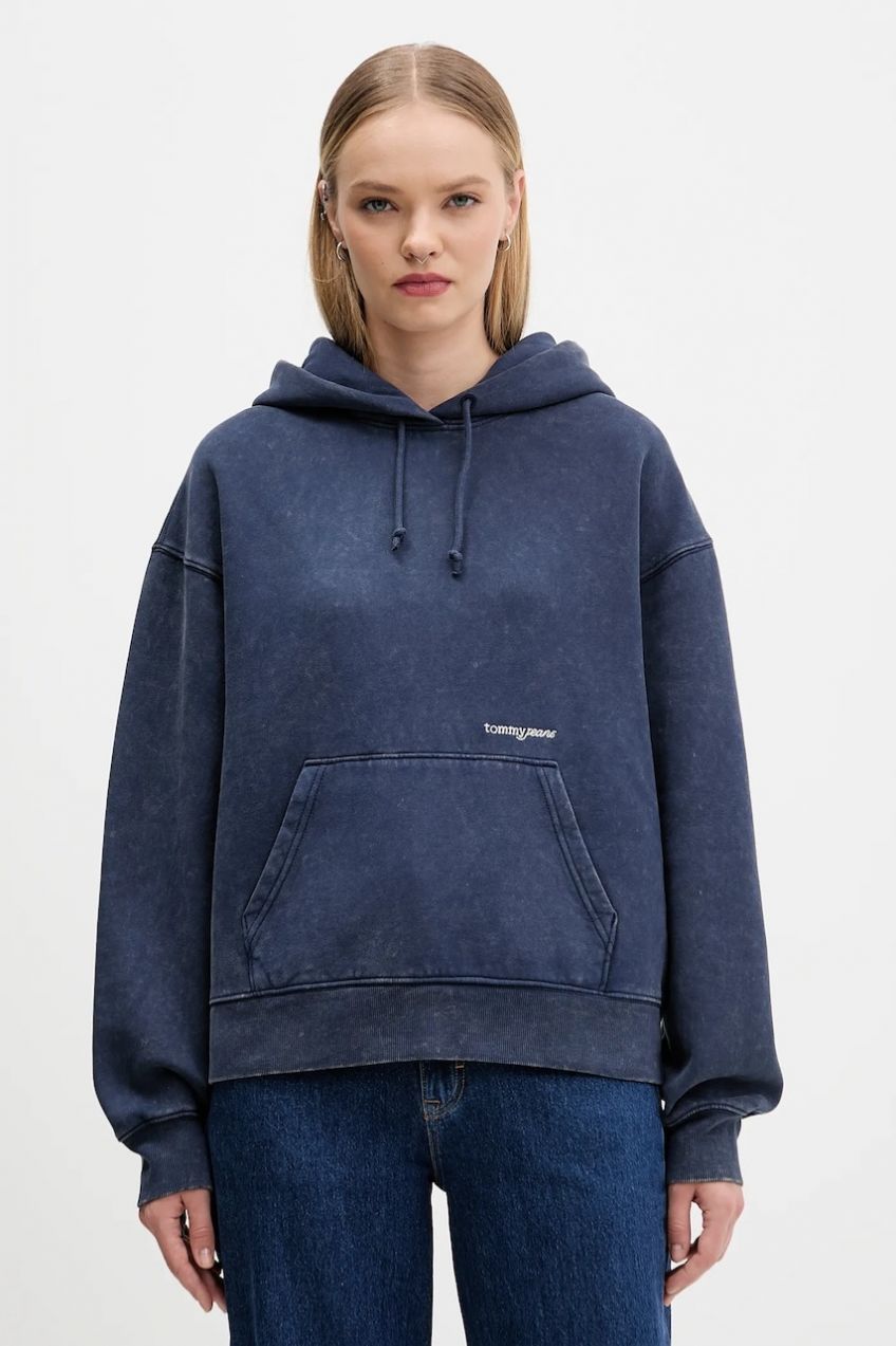 Mikina Tommy Jeans tmavomodrá farba, s kapucňou, jednofarebná, DW0DW21609