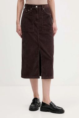 Menčestrová sukňa Tommy Jeans hnedá farba, midi, áčkový strih, DW0DW21708