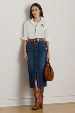 Rifľová sukňa Lauren Ralph Lauren tmavomodrá farba, midi, rovný strih, 200979973