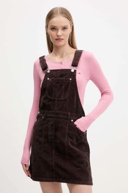 Menčestrové šaty Tommy Jeans hnedá farba, mini, áčkový strih, DW0DW21494