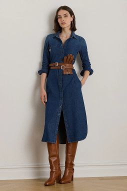 Rifľové šaty Lauren Ralph Lauren tmavomodrá farba, midi, áčkový strih, 200979976