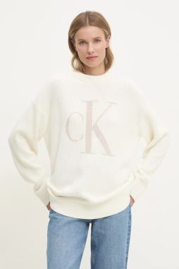 Bavlnený sveter Calvin Klein Jeans béžová farba, teplý, J20J224799
