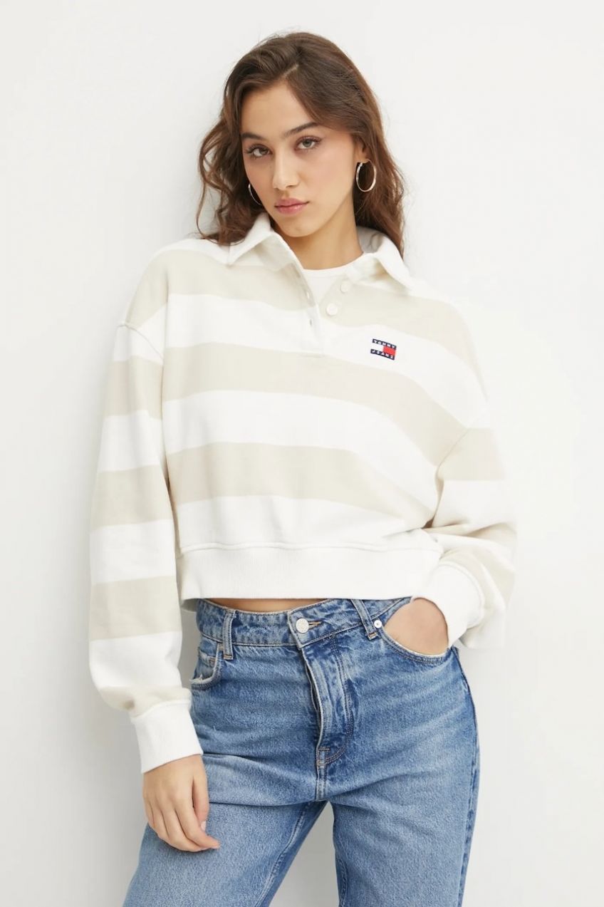 Bavlnená mikina Tommy Jeans dámska, béžová farba, vzorovaná, DW0DW19409