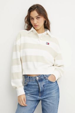 Bavlnená mikina Tommy Jeans dámska, béžová farba, vzorovaná, DW0DW19409