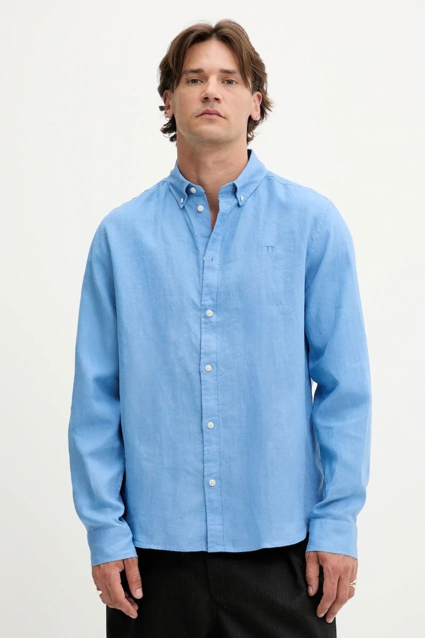 Ľanová košeľa Les Deux Konrad fialová farba, regular, s golierom button-down, 1000001