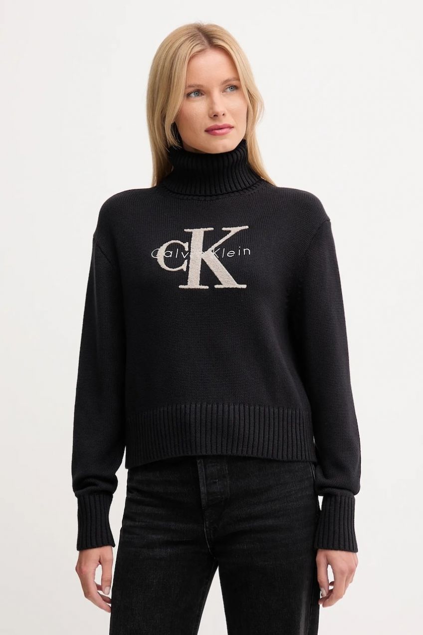 Sveter Calvin Klein Jeans čierna farba, s rolákom, LV047D354G