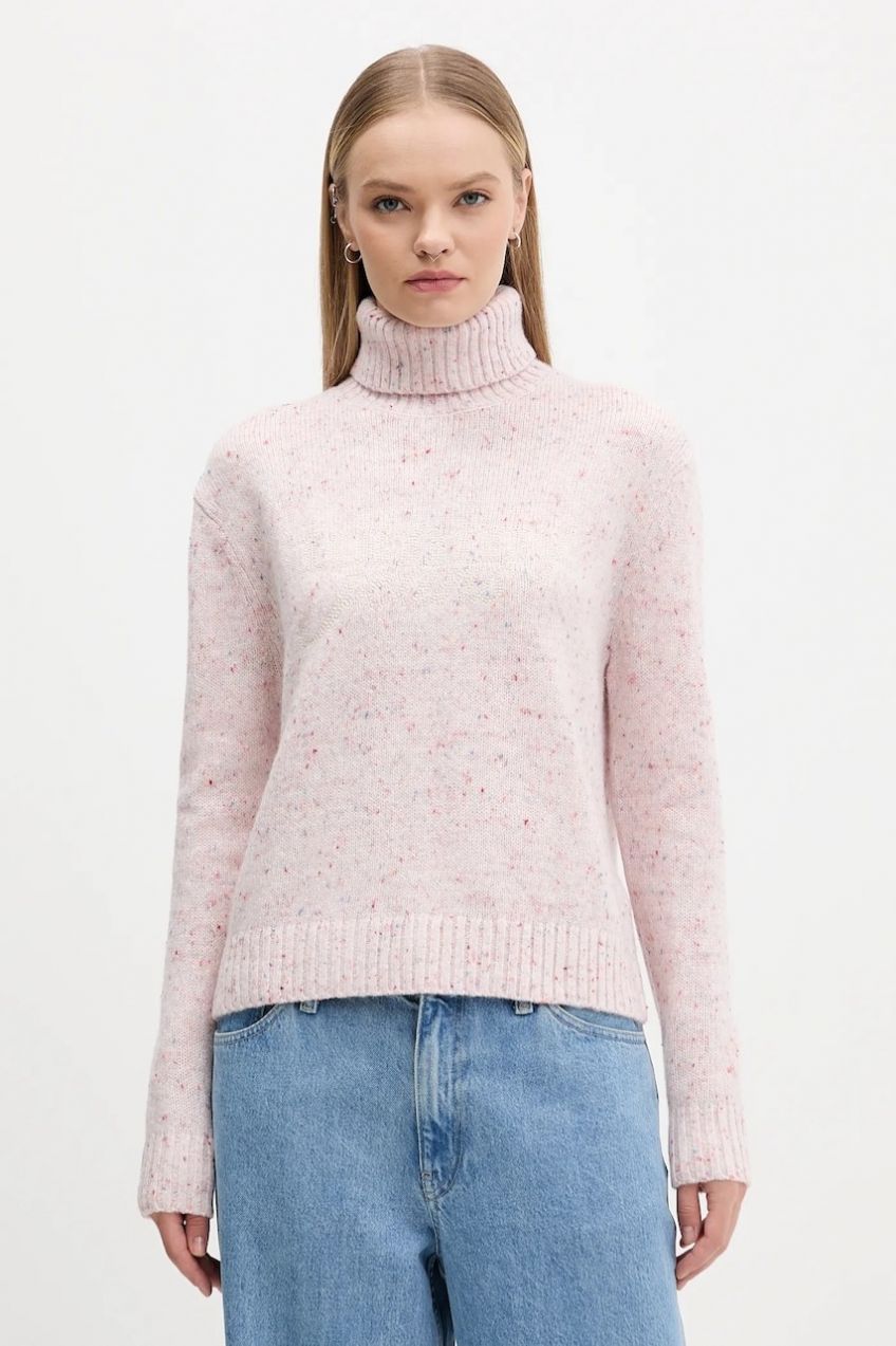 Sveter s prímesou vlny Tommy Jeans ružová farba, s rolákom, DW0DW21687