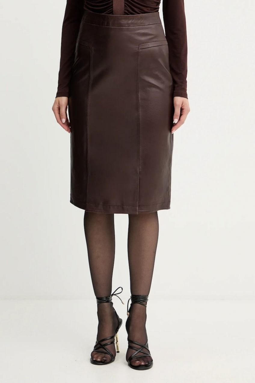 Kožená sukňa Herve Leger Estella hnedá farba, mini, rovný strih, WLT3536273