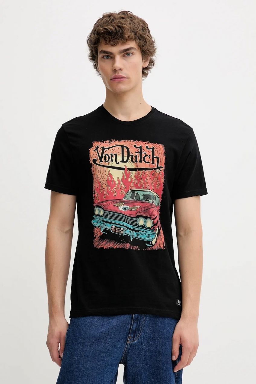 Bavlnené tričko Von Dutch pánske, čierna farba, vzorované, VD.1.TR.FLAME