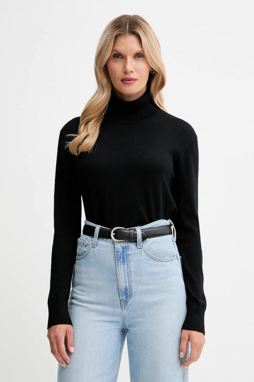 Sveter s prímesou vlny Calvin Klein čierna farba, ľahký, s rolákom, LV044D371G