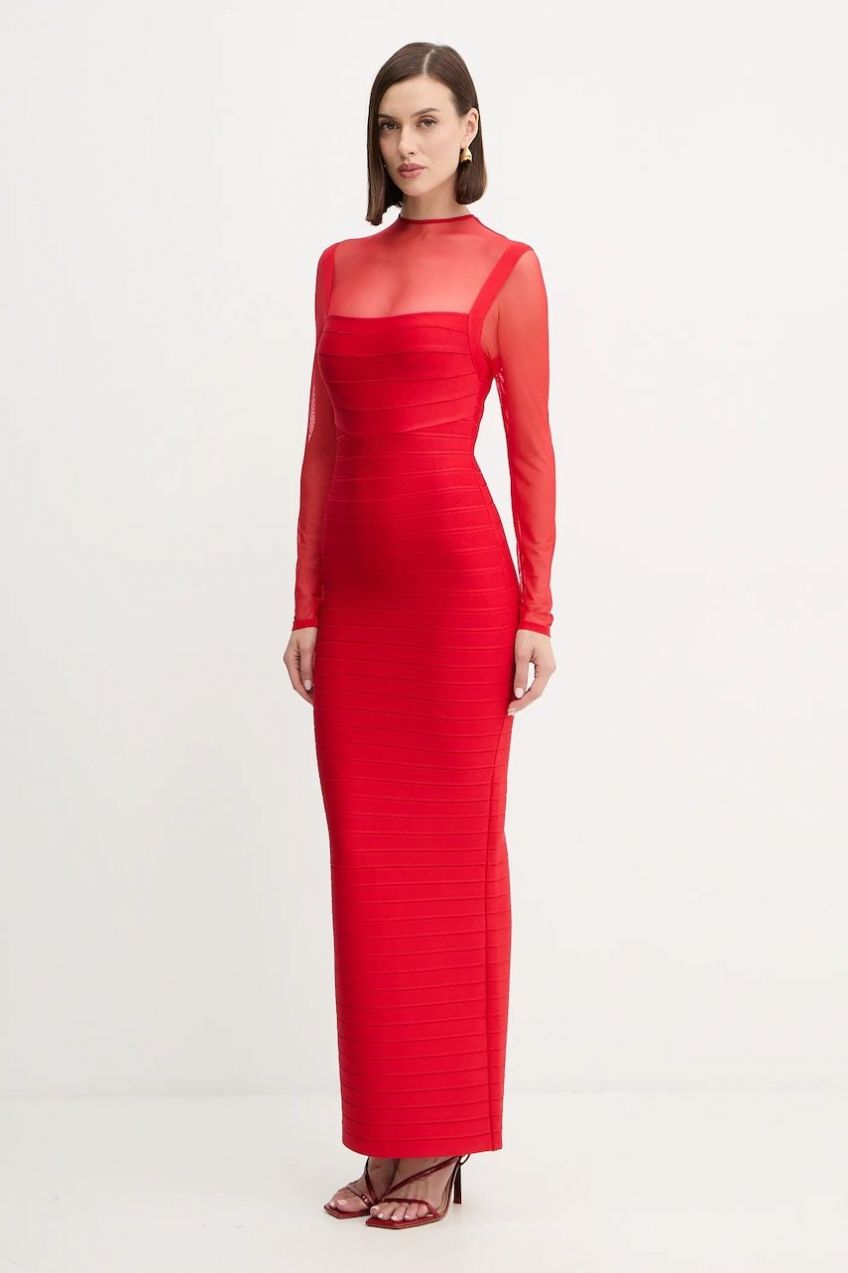 Šaty Herve Leger Ella červená farba, midi, priliehavé, HLT8525928