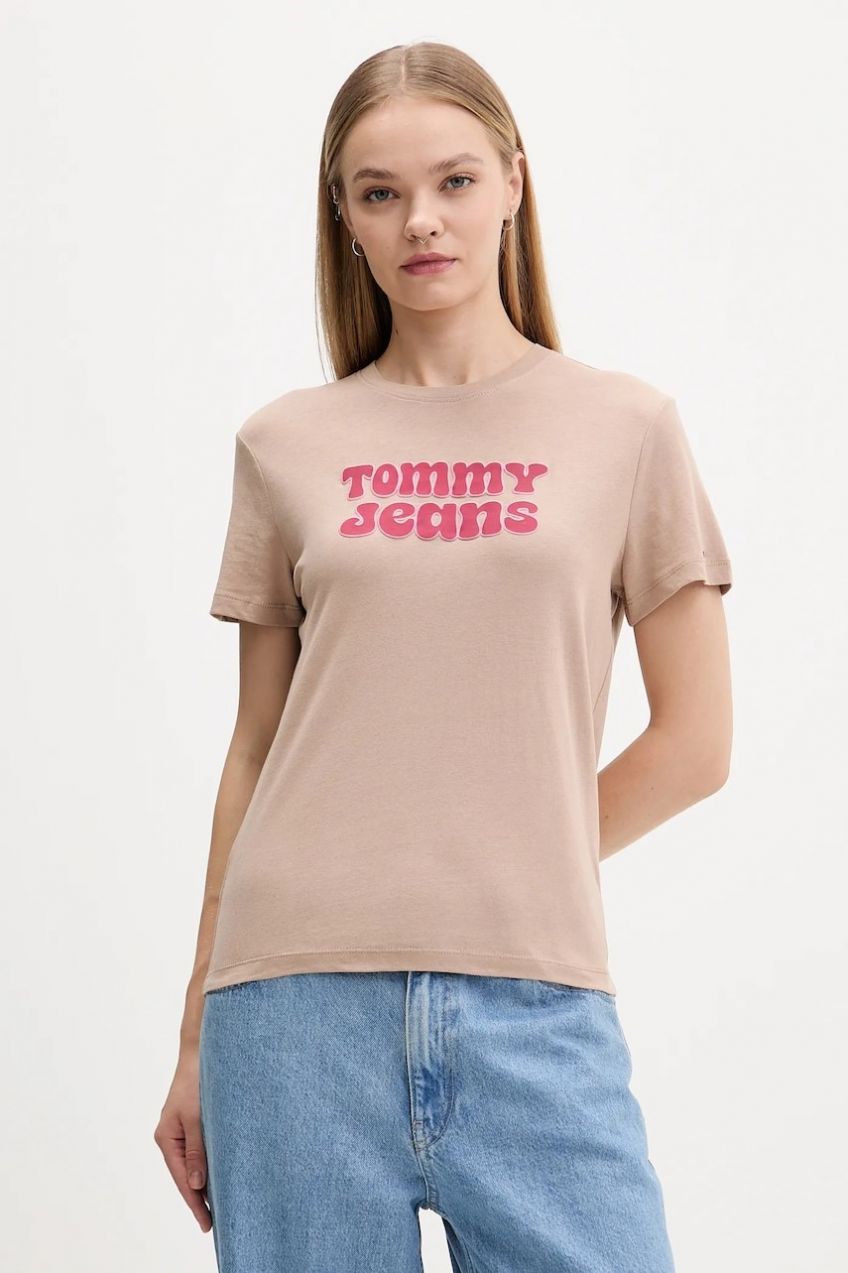 Tričko Tommy Jeans dámske, hnedá farba, DW0DW21956