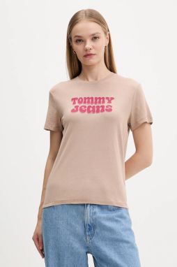 Tričko Tommy Jeans dámske, hnedá farba, DW0DW21956