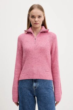 Sveter s prímesou vlny Tommy Jeans ružová farba, teplý, s rolákom, DW0DW21686