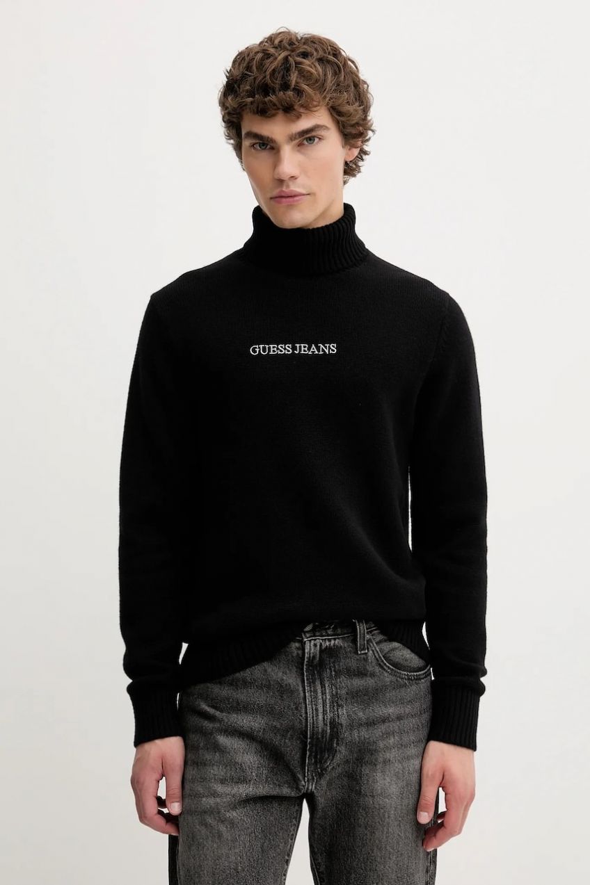 Sveter s prímesou vlny Guess Jeans čierna farba, teplé, s rolákom, M5BR58 Z0561