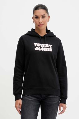 Bavlnená mikina Tommy Jeans čierna farba, s kapucňou, s potlačou, DW0DW21962