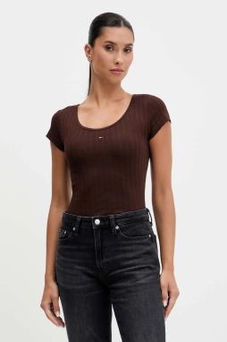 Tričko Tommy Jeans dámske, hnedá farba, DW0DW21570