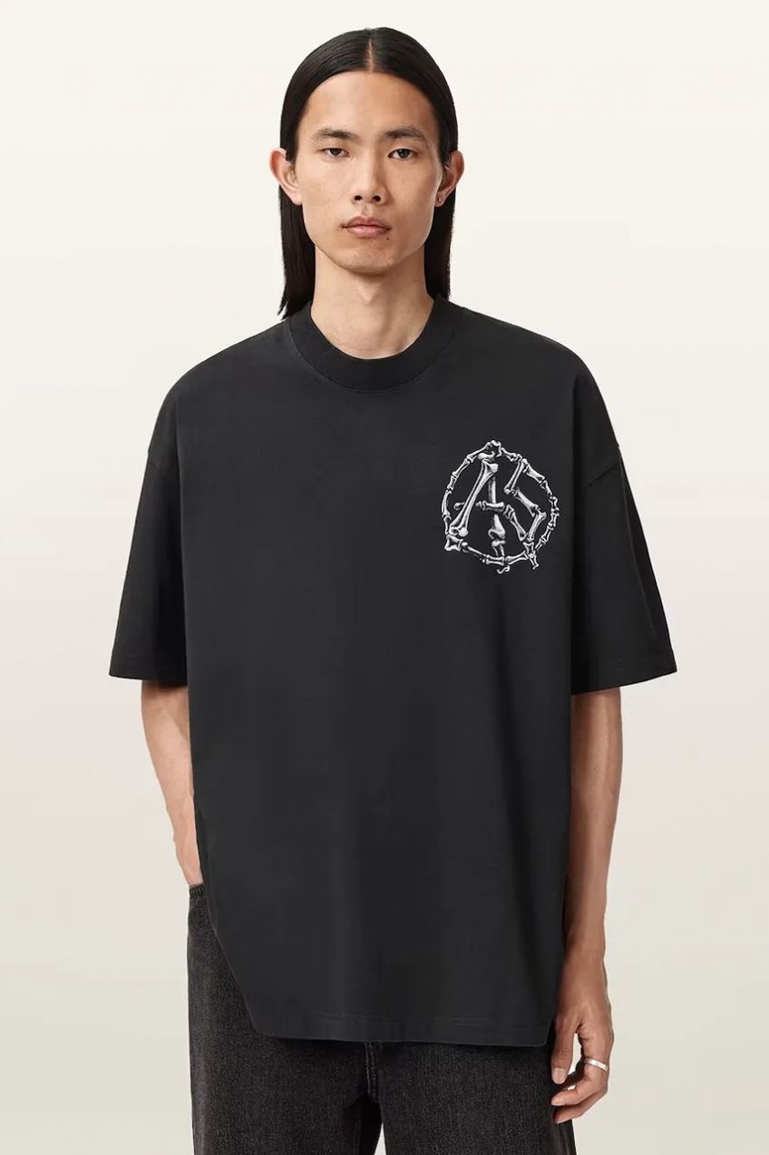 Bavlnené tričko AllSaints ANATOMICA pánske, čierna farba, s potlačou, M046PD