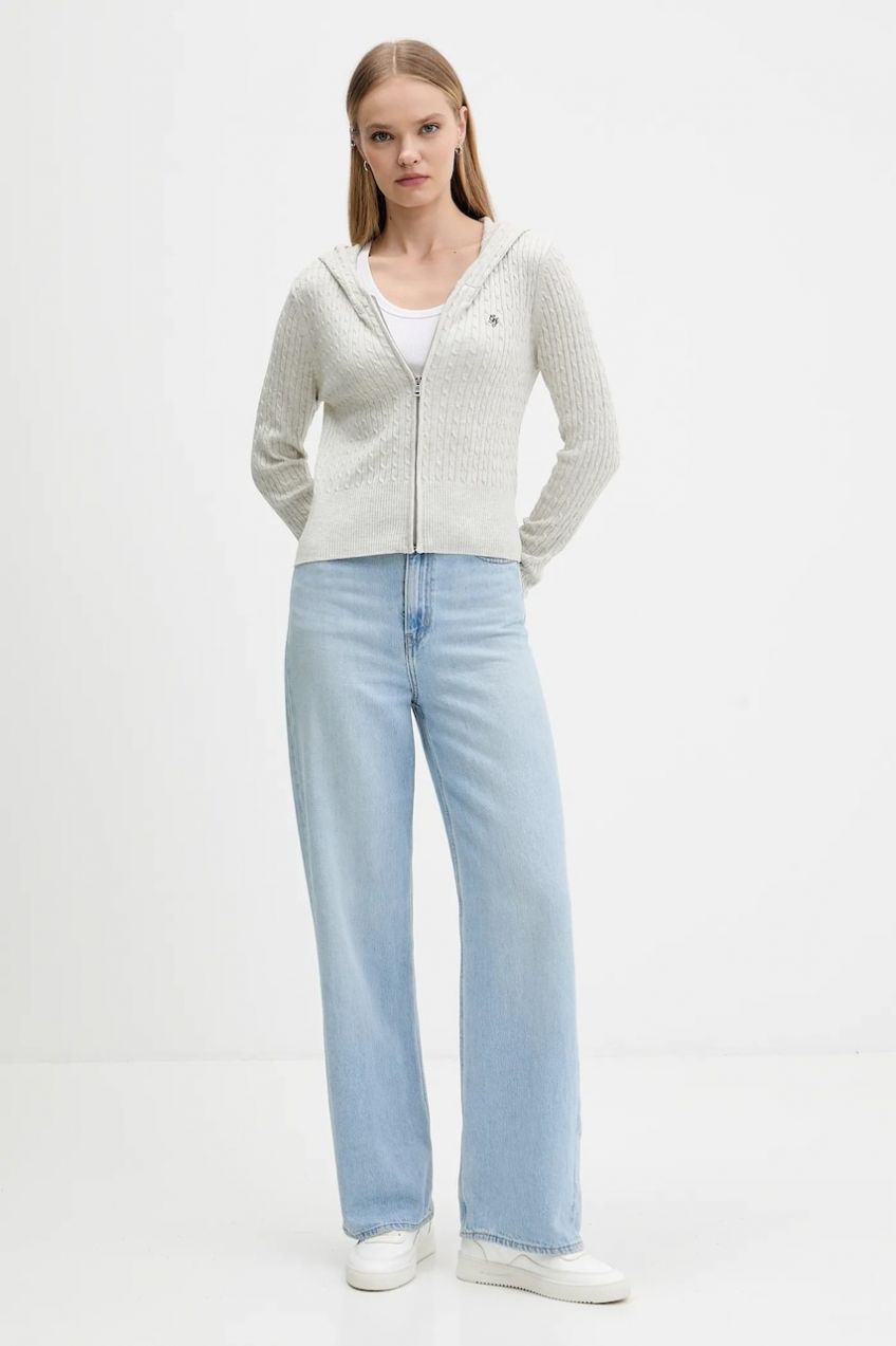 Kardigán s prímesou hodvábu Guess Jeans šedá farba, ľahké, W5BR04 Z3HO2