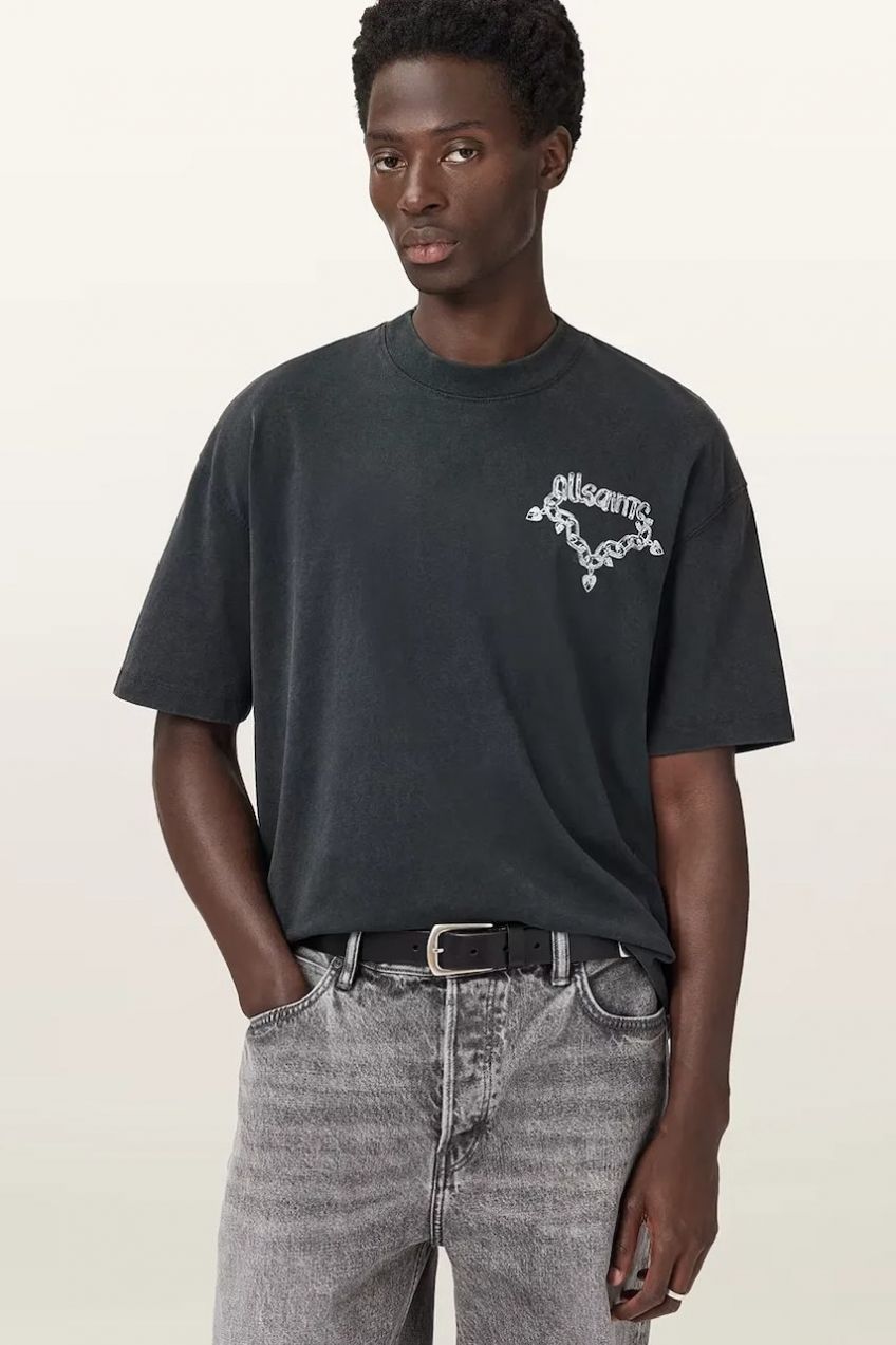 Bavlnené tričko AllSaints DRIP pánske, čierna farba, s potlačou, M005PD