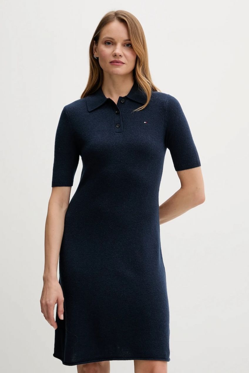 Vlnené šaty Tommy Hilfiger tmavomodrá farba, mini, áčkový strih, WW0WW46436
