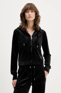 Velúrová mikina Juicy Couture čierna farba, s kapucňou, jednofarebná, JCWAS225306