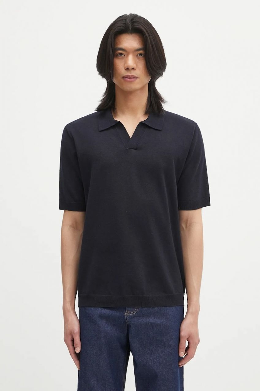 Ľanové polo Norse Projects Leif Cotton Linen Polo tmavomodrá farba, jednofarebná, N45.0502.7004