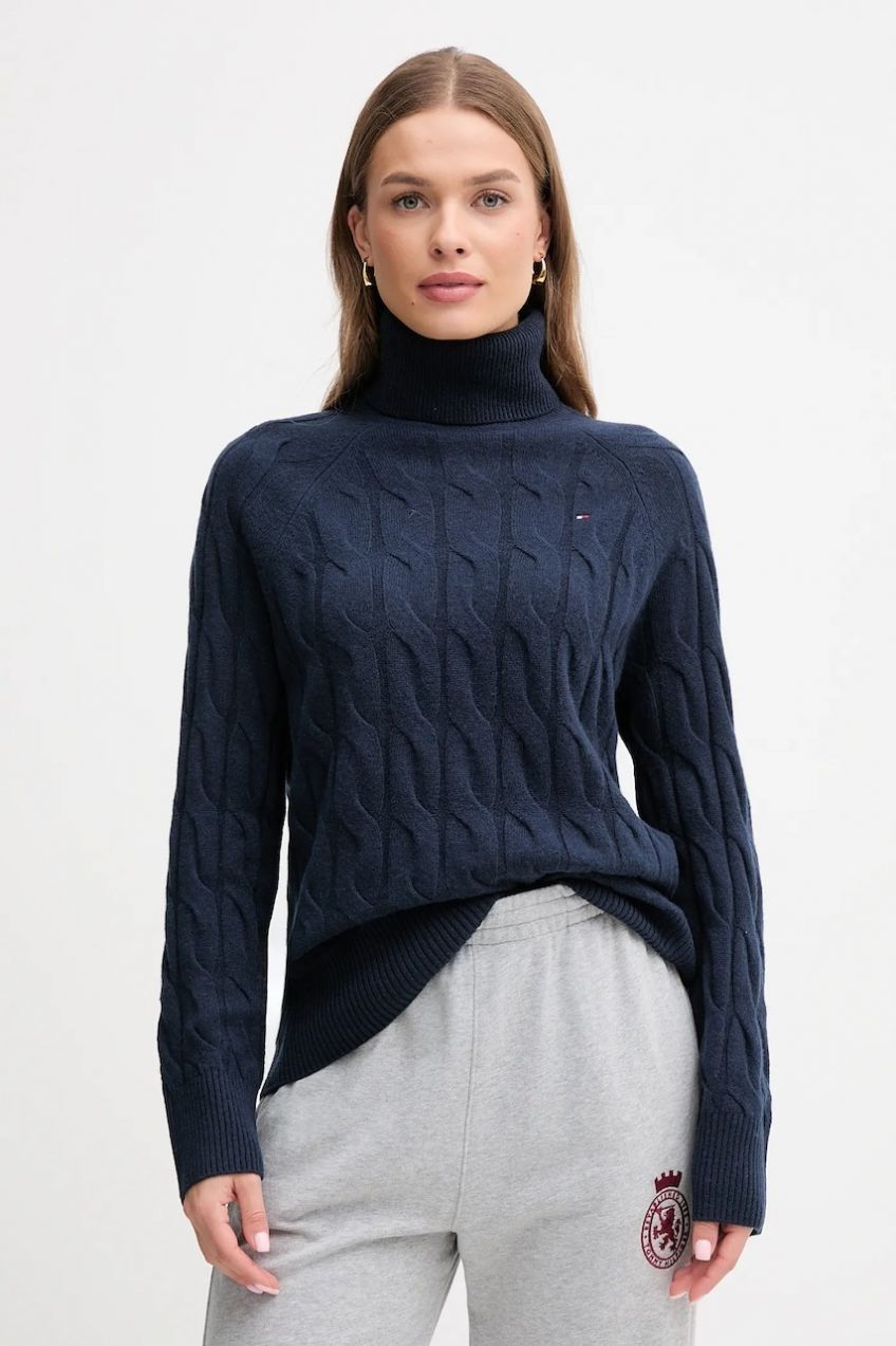 Vlnený sveter Tommy Hilfiger tmavomodrá farba, ľahké, s rolákom, WW0WW46791