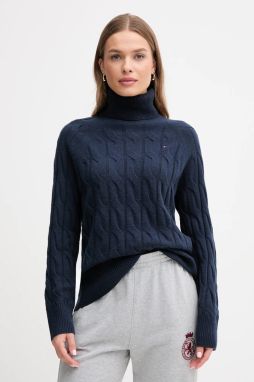 Vlnený sveter Tommy Hilfiger tmavomodrá farba, ľahké, s rolákom, WW0WW46791