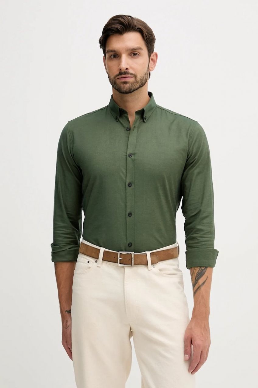 Košeľa Lindbergh zelená farba, slim, s golierom button-down, 30-203174