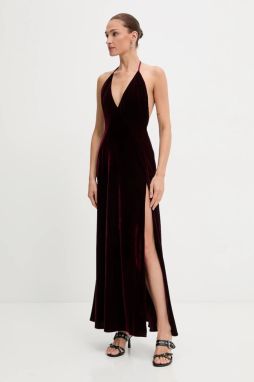 Zamatové šaty Bardot bordová farba, maxi, áčkový strih, 59315DB2