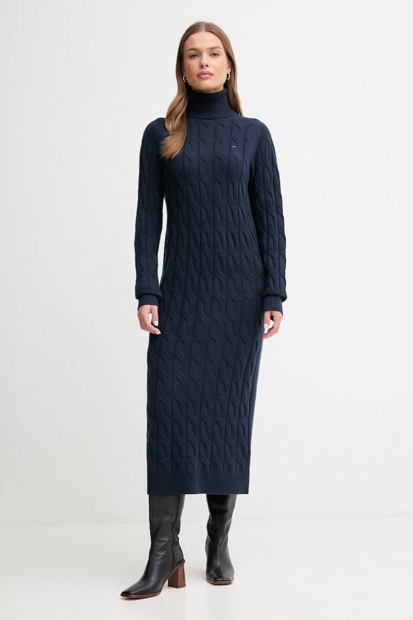 Šaty s prímesou vlny Tommy Hilfiger tmavomodrá farba, maxi, rovný strih, WW0WW46429