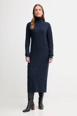 Šaty s prímesou vlny Tommy Hilfiger tmavomodrá farba, maxi, rovný strih, WW0WW46429