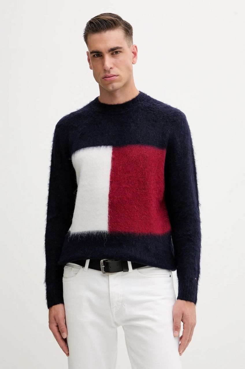 Sveter s prímesou vlny Tommy Hilfiger tmavomodrá farba, MW0MW41322