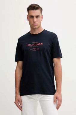 Bavlnené tričko Tommy Hilfiger pánske, tmavomodrá farba, vzorovaná, MW0MW40002