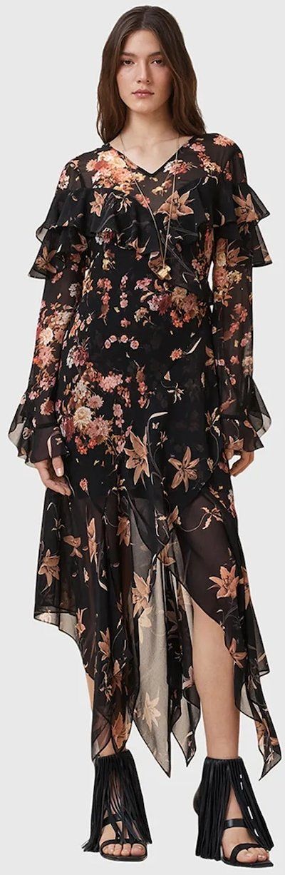 Šaty AllSaints FRESCA čierna farba, maxi, áčkový strih, W021DD