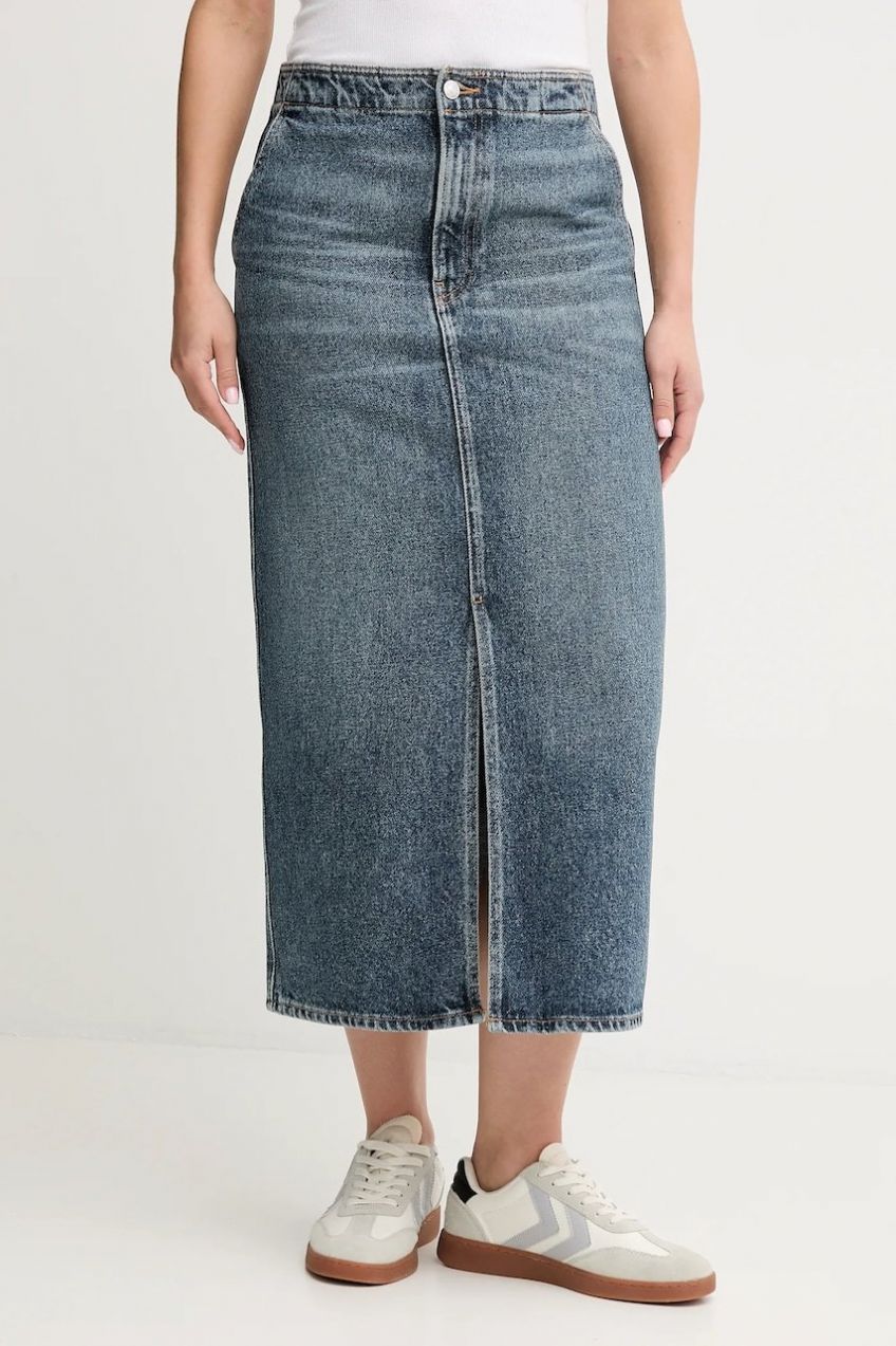 Rifľová sukňa Calvin Klein Jeans modrá farba, midi, puzdrová, LV047D724G