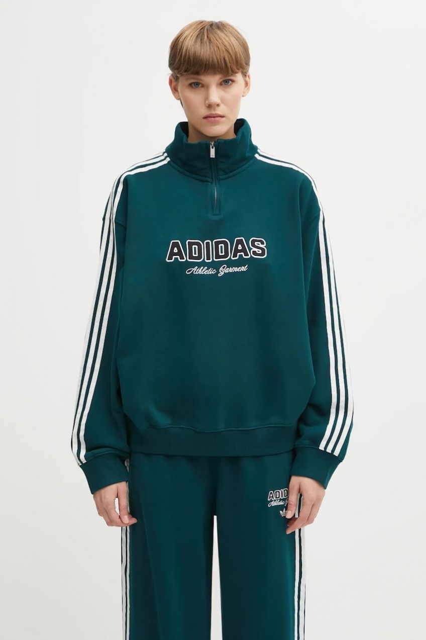 Bavlnená mikina adidas Originals Quarter Zip zelená farba, s nášivkou, KF2309
